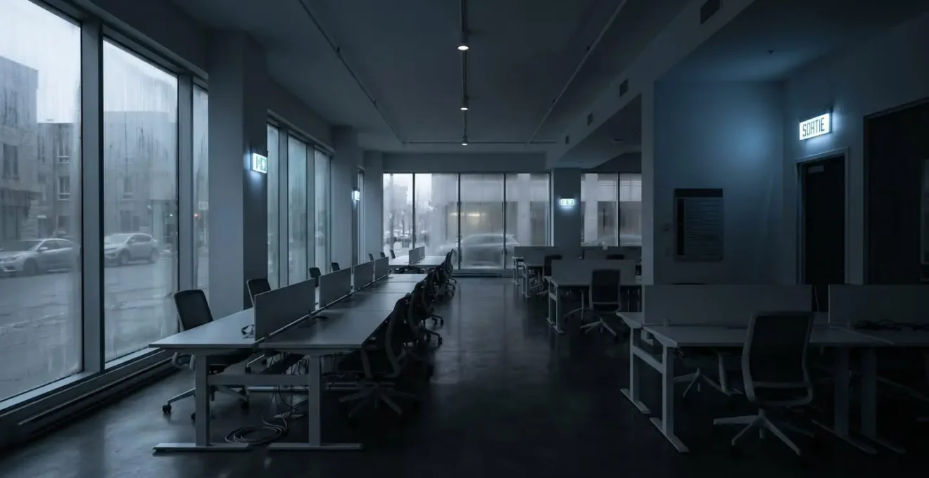 Un espace commercial moderne vide et sombre en pleine journée montrant un environnement d'affaires fermé à cause d'une panne de système CVC