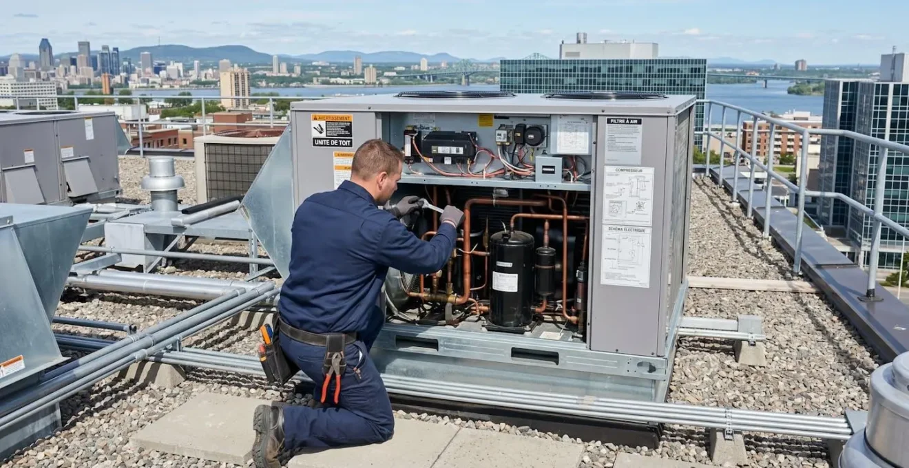 Un technicien CVC vu de dos en tenue professionnelle effectue une vérification de maintenance sur une unité de climatisation commerciale installée sur un toit de bâtiment au Québec