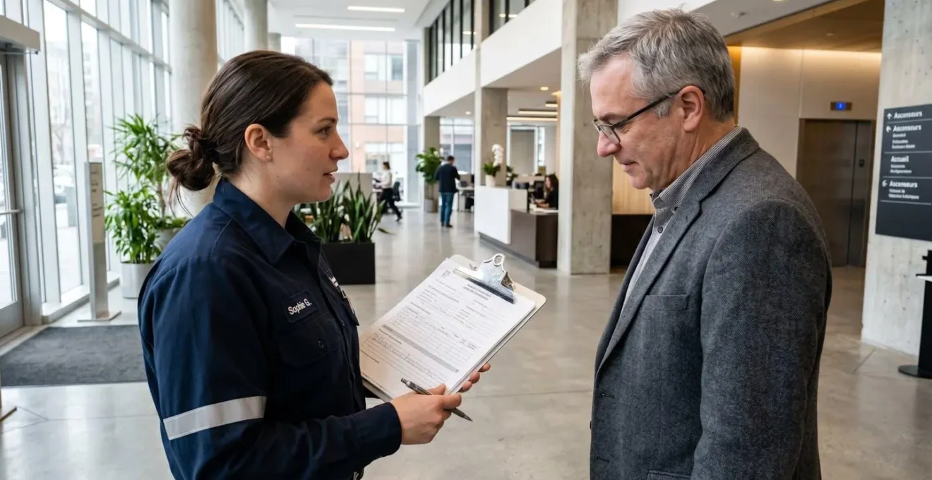 Un technicien CVC et un gestionnaire de bâtiment en interaction naturelle examinent ensemble une liste de vérification d'entretien dans un hall d'immeuble commercial moderne