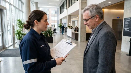 Un technicien CVC et un gestionnaire de bâtiment en interaction naturelle examinent ensemble une liste de vérification d'entretien dans un hall d'immeuble commercial moderne