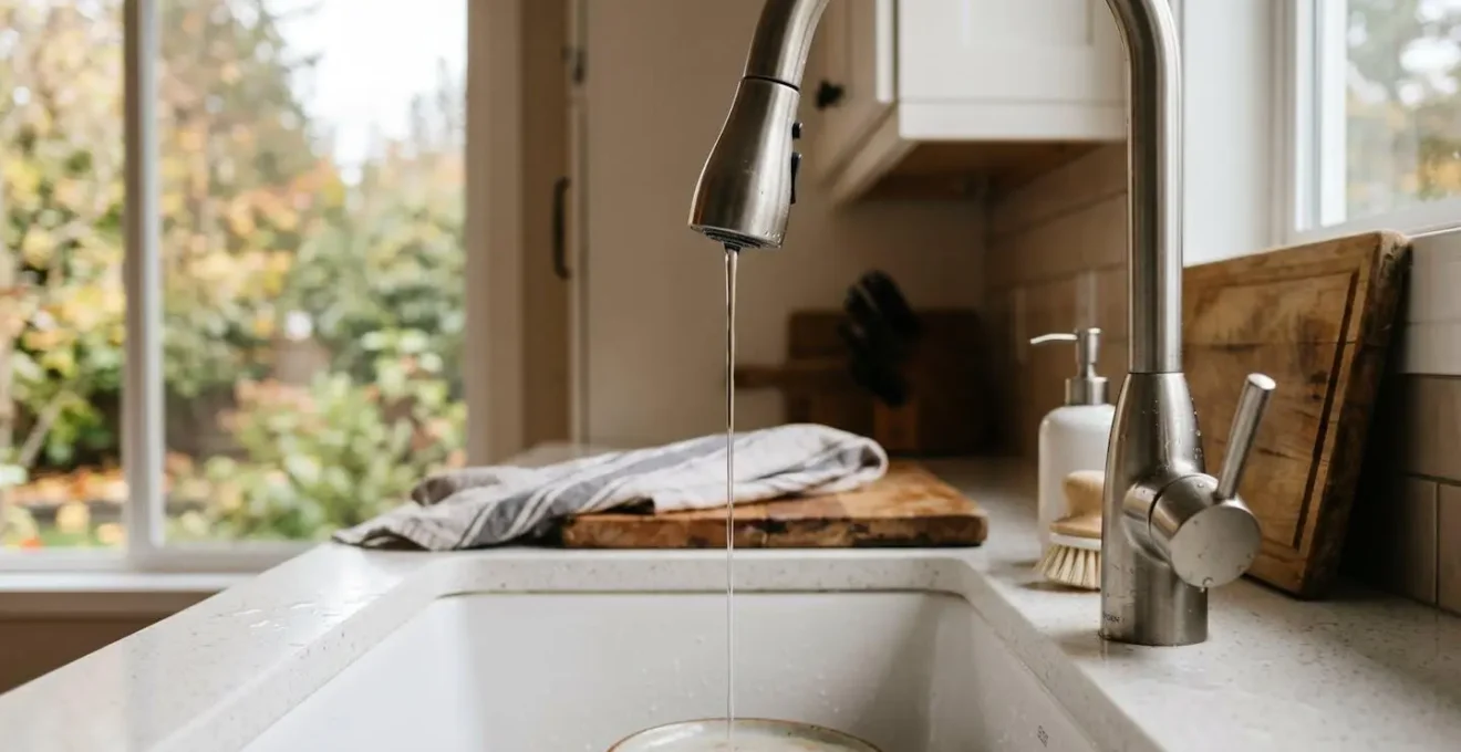 Robinet de cuisine avec un filet d'eau ténu illustrant une pression d'eau insuffisante dans une habitation québécoise