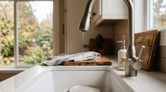 Robinet de cuisine avec un filet d'eau ténu illustrant une pression d'eau insuffisante dans une habitation québécoise