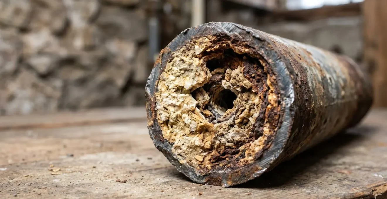 Coupe transversale d'un vieux tuyau de plomberie résidentiel encombré de dépôts de tartre et de corrosion réduisant le diamètre intérieur