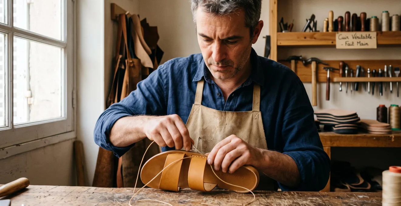 Artisan maroquinier français cousant manuellement la bride d'une sandale en cuir camel sur son établi, aiguille de sellier et fil écru visibles, outils traditionnels en arrière-plan, lumière naturelle d'atelier.