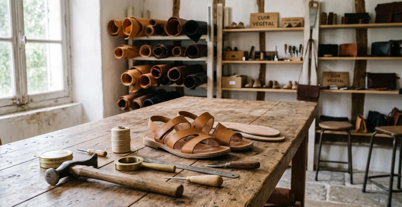 Établi d'atelier de maroquinerie artisanale française avec sandales en cuir camel en cours d'assemblage, outils traditionnels de cordonnier et rouleaux de cuir pleine fleur en arrière-plan, lumière naturelle douce.