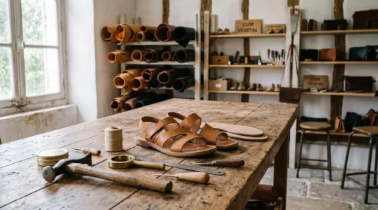 Établi d'atelier de maroquinerie artisanale française avec sandales en cuir camel en cours d'assemblage, outils traditionnels de cordonnier et rouleaux de cuir pleine fleur en arrière-plan, lumière naturelle douce.