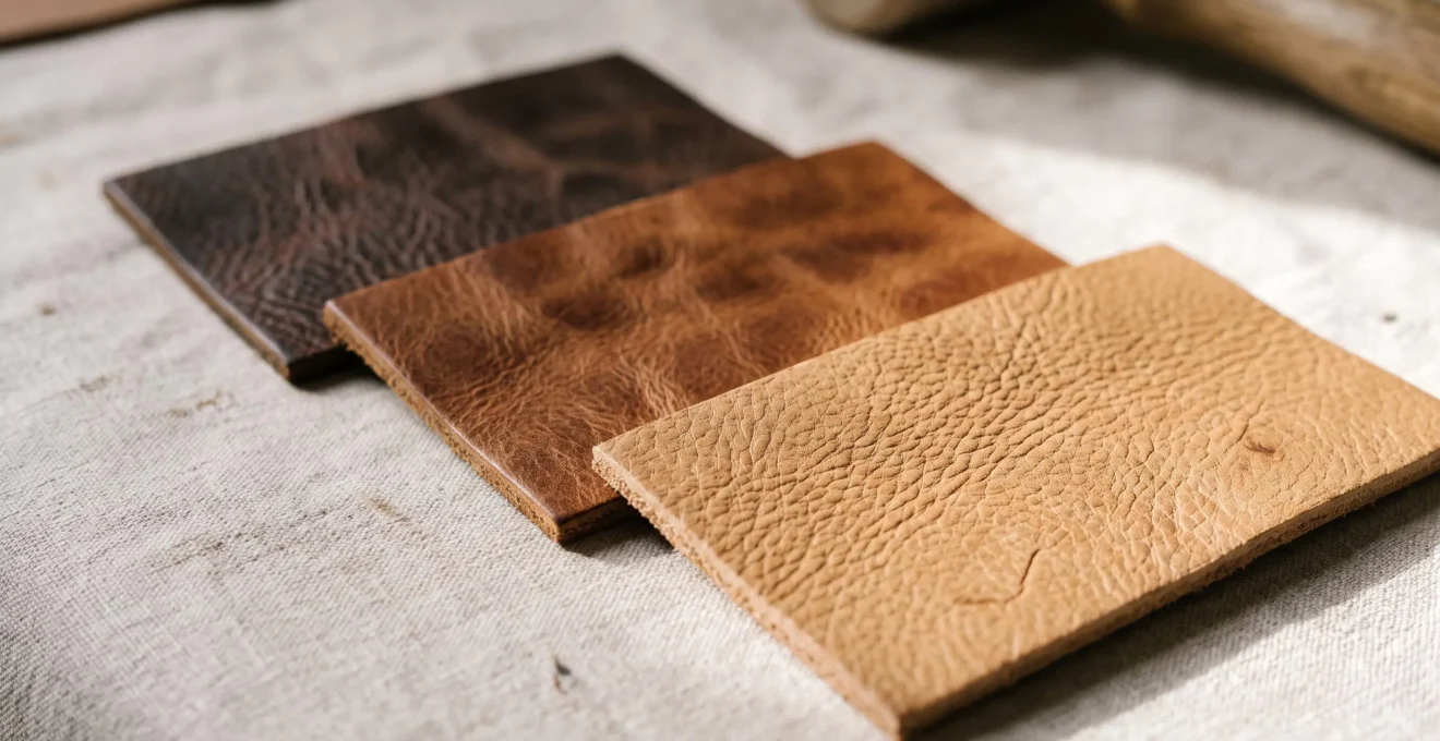 Gros plan macro de trois échantillons de cuir pleine fleur naturel (camel, cognac, brun foncé) montrant grain fin, pores naturels et variations de texture, éclairage rasant accentuant le relief.