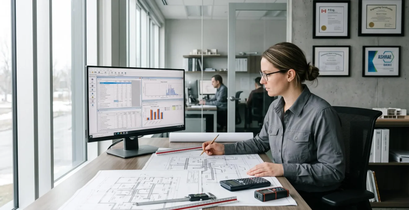 Ingénieur CVC consultant des plans techniques et utilisant un logiciel de calculs thermiques dans un bureau d'études professionnel