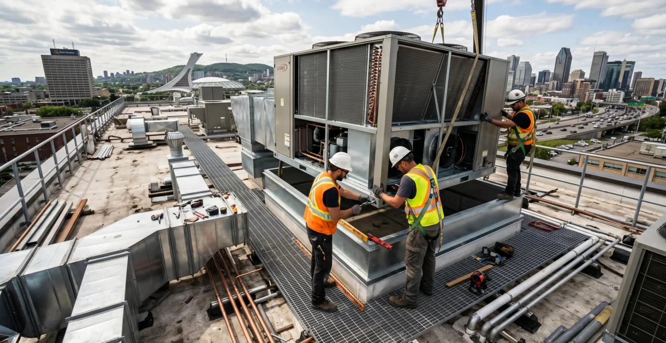 Techniciens professionnels installant des unités CVC sur la toiture d'un bâtiment commercial moderne, équipement de sécurité et outils spécialisés visibles
