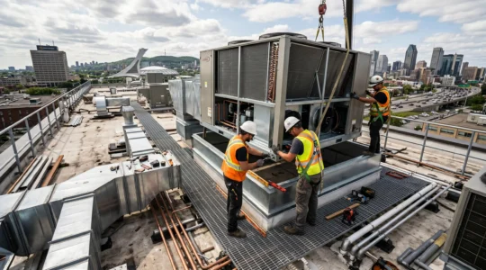 Techniciens professionnels installant des unités CVC sur la toiture d'un bâtiment commercial moderne, équipement de sécurité et outils spécialisés visibles