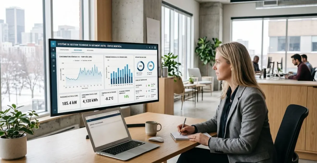 Interface de gestion technique bâtiment affichant des données de consommation énergétique CVC en temps réel sur écran professionnel