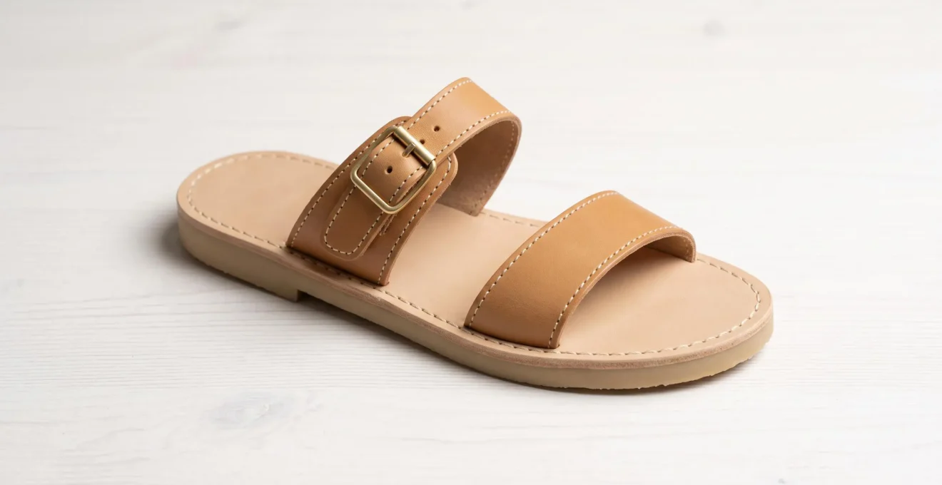 Vue détaillée d'une sandale minimaliste en cuir camel montrant semelle en gomme naturelle, double bride cousue main avec points visibles, boucle de réglage dorée et finitions des coutures, posée sur fond bois clair.