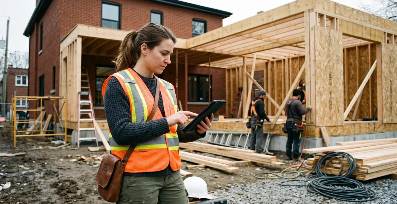 Architecte consultant des plans techniques sur tablette numérique sur un chantier d'agrandissement résidentiel à Outremont