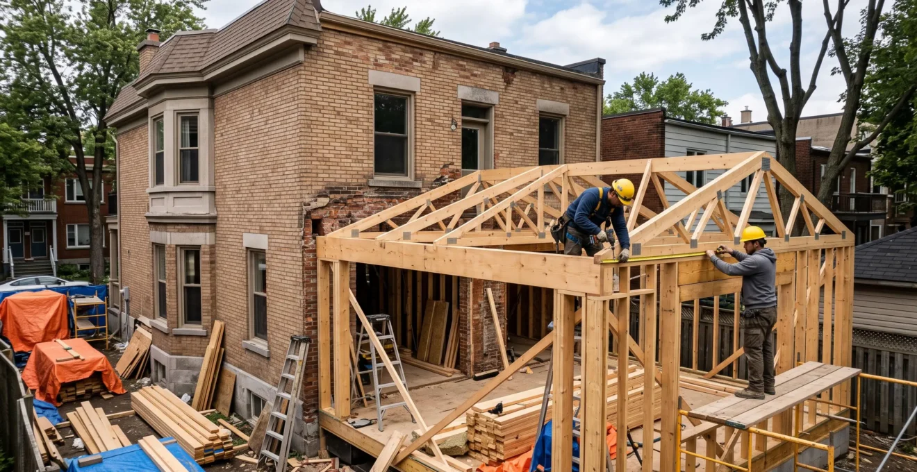 Chantier d'agrandissement en cours sur une maison patrimoniale en briques à Outremont avec ouvriers installant la charpente en bois de l'extension