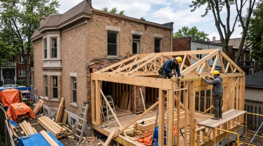 Chantier d'agrandissement en cours sur une maison patrimoniale en briques à Outremont avec ouvriers installant la charpente en bois de l'extension