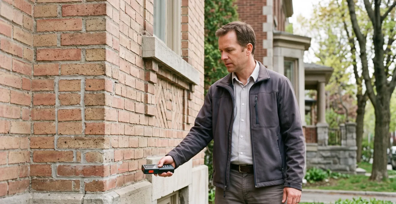 Professionnel du bâtiment inspectant le mur de briques d'une maison patrimoniale à Outremont avec un appareil de mesure