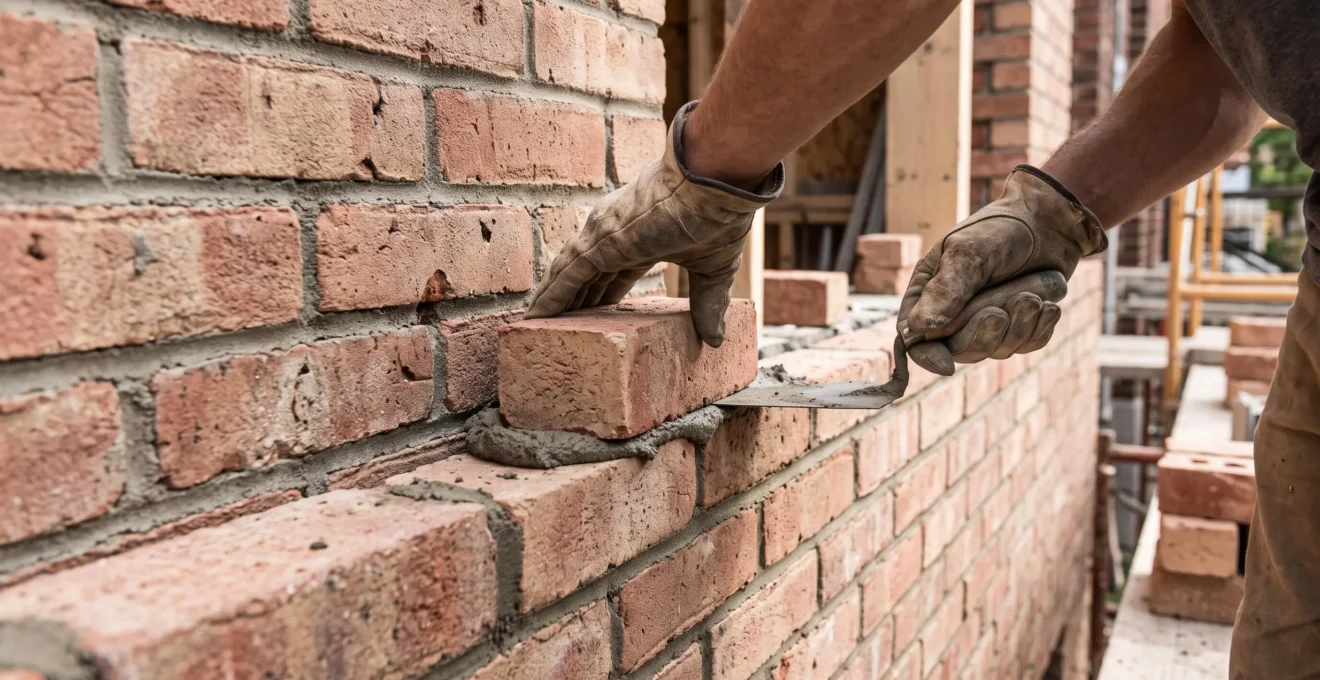 Mains d'un maçon installant des briques assorties au style patrimonial existant lors de travaux d'agrandissement