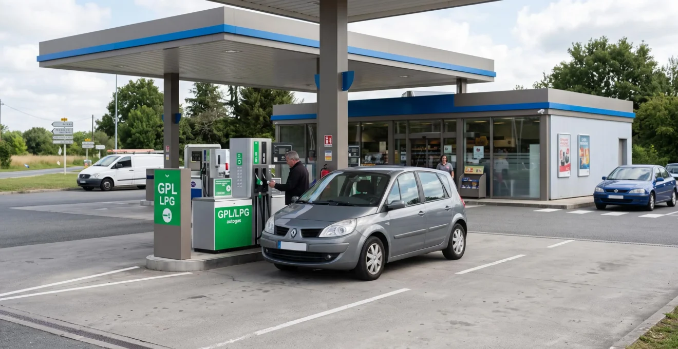 Véhicule GPL stationné à une pompe GPL dédiée sur le parking d'une station-service française