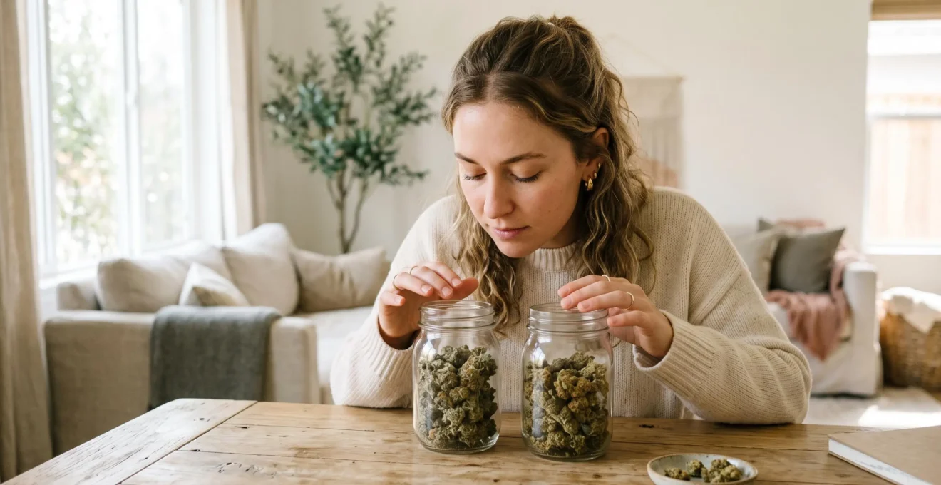 Une personne compare deux pots de fleurs de CBD posés sur une table lumineuse.