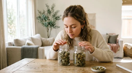 Une personne compare deux pots de fleurs de CBD posés sur une table lumineuse.