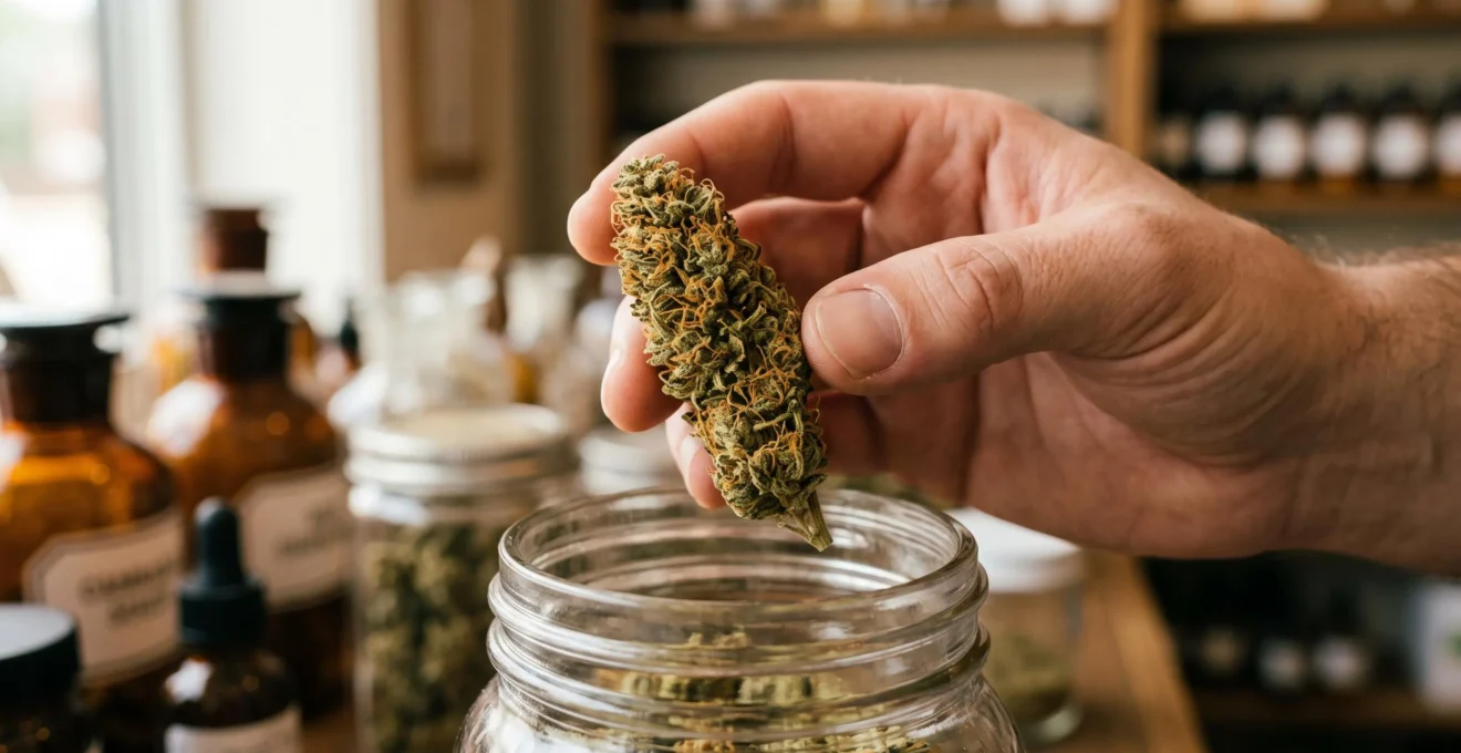 Gros plan sur un bouton de fleur de CBD tenu au-dessus d'un pot en verre.
