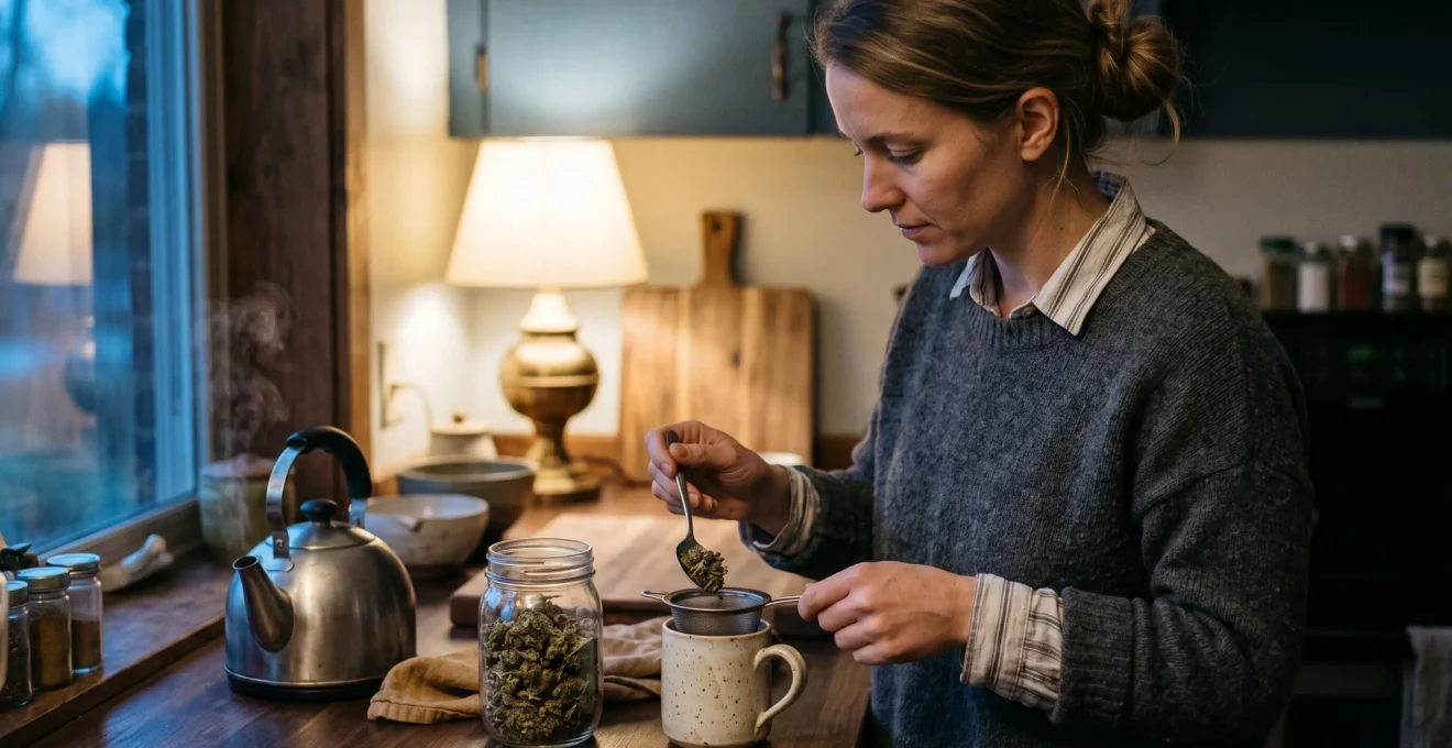 Une femme verse des fleurs de CBD dans un infuseur pour préparer une infusion.